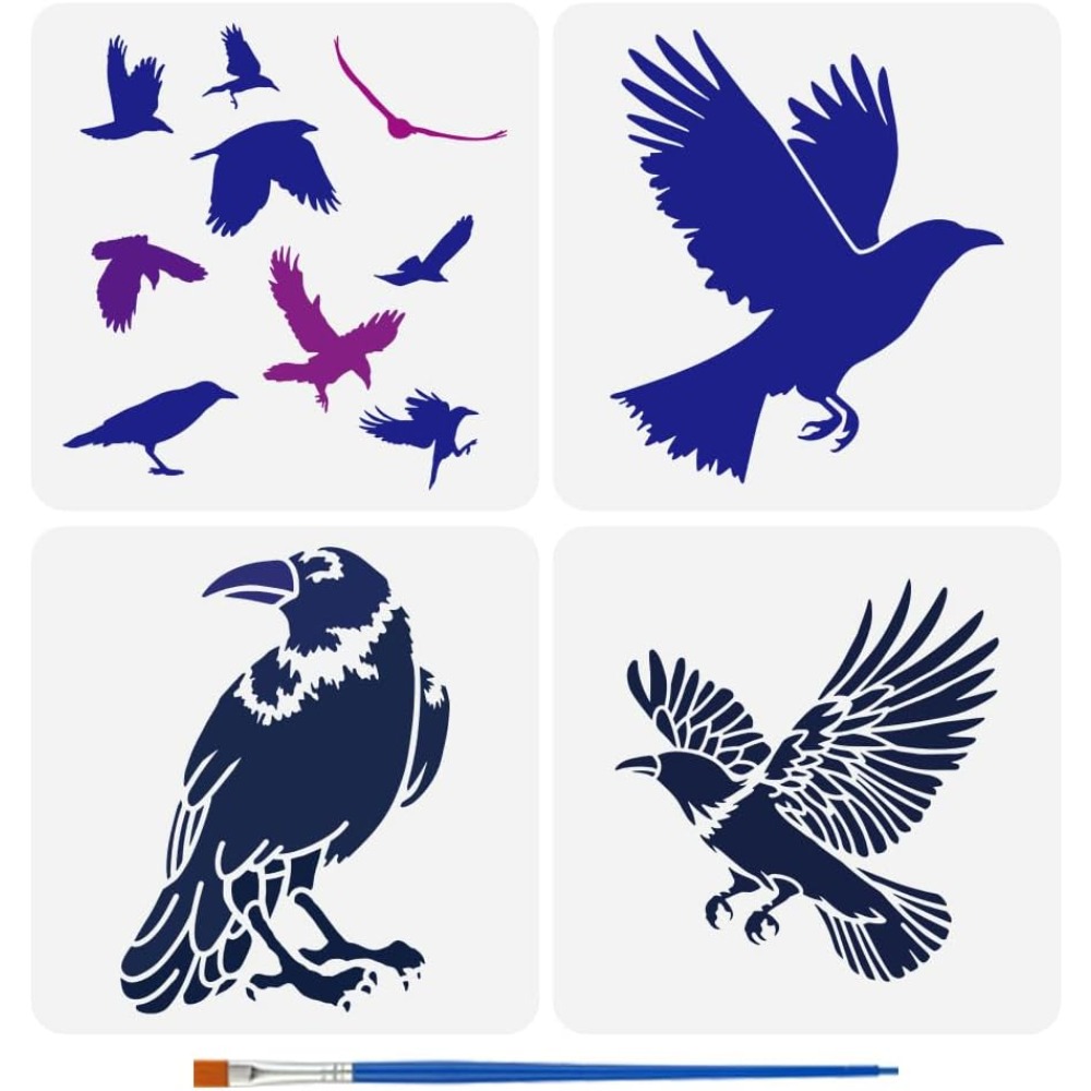 Photography Techniques - 4PCS Flying Crowลายฉลุสําหรับภาพวาด11.8X11.8นิ้วสีดํานกแม่แบบพร้อมแปรงทาสีReusable Flying RavenภาพวาดStencil